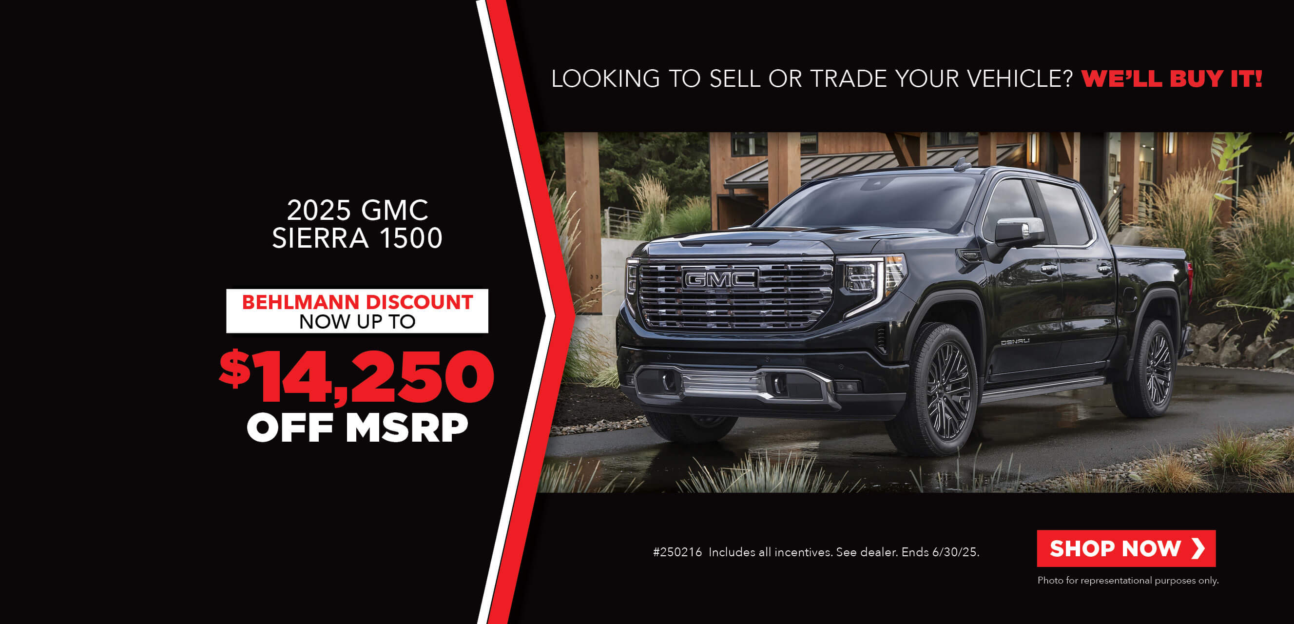 Silver car with advertising slogans: Employee Pricing Plus event at Behlmann! Now up to $14,250 off MSRP on 2025 GMC Sierra 1500.